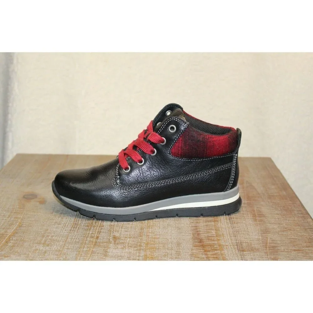 Bionica Ankle Boots Women's 6.5M Tierra Black Leather Wool Lace Up Buffalo Plaid